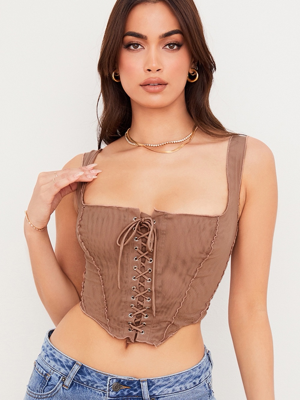 House of CB London Magnolia Lace-Up Corset Top in Cocoa Brown Size S